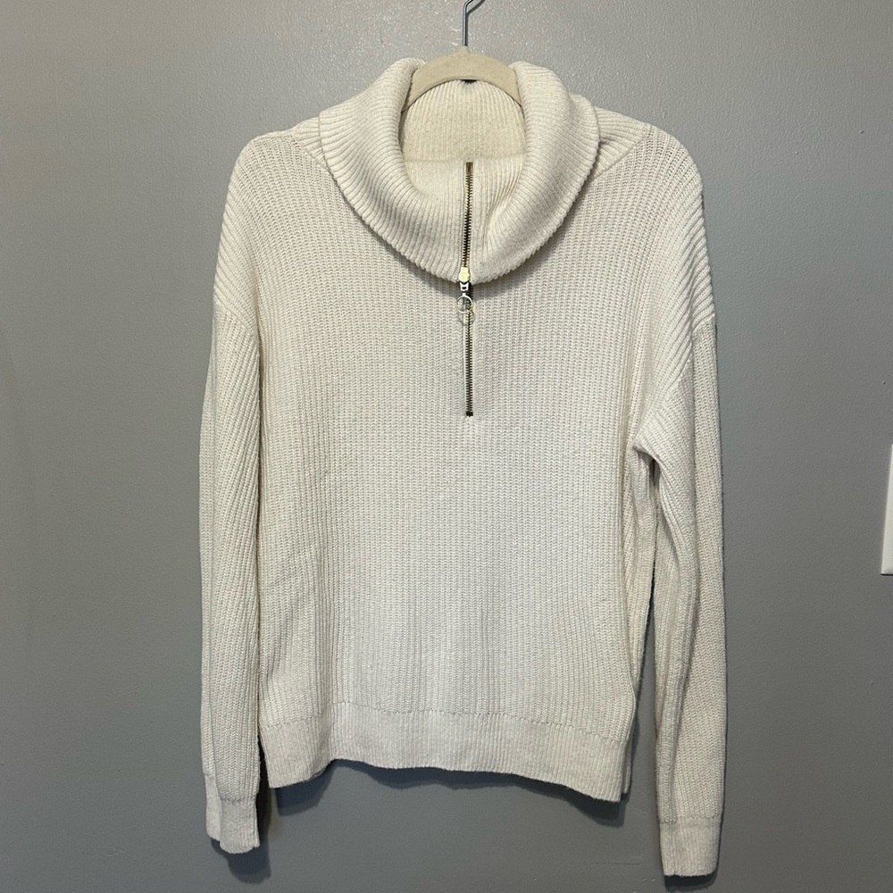Talbots Ivory Pullover Sweater Long Sleeved Gold Half Zip-Up Large EUC!!